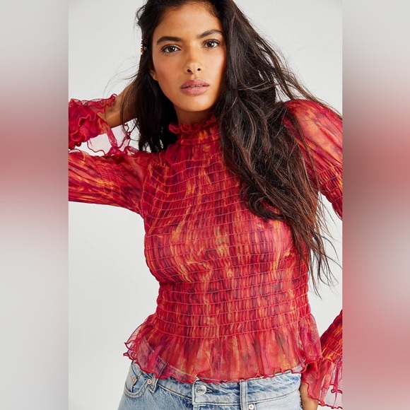 Free People “Hello There Top” NEW Smocked Mesh Crop Top Size Large - Picture 1 of 13